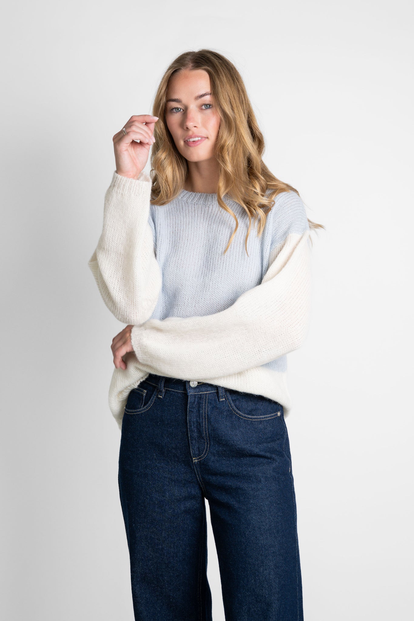 Strickpullover mit Blockstreifen creme-hellblau
