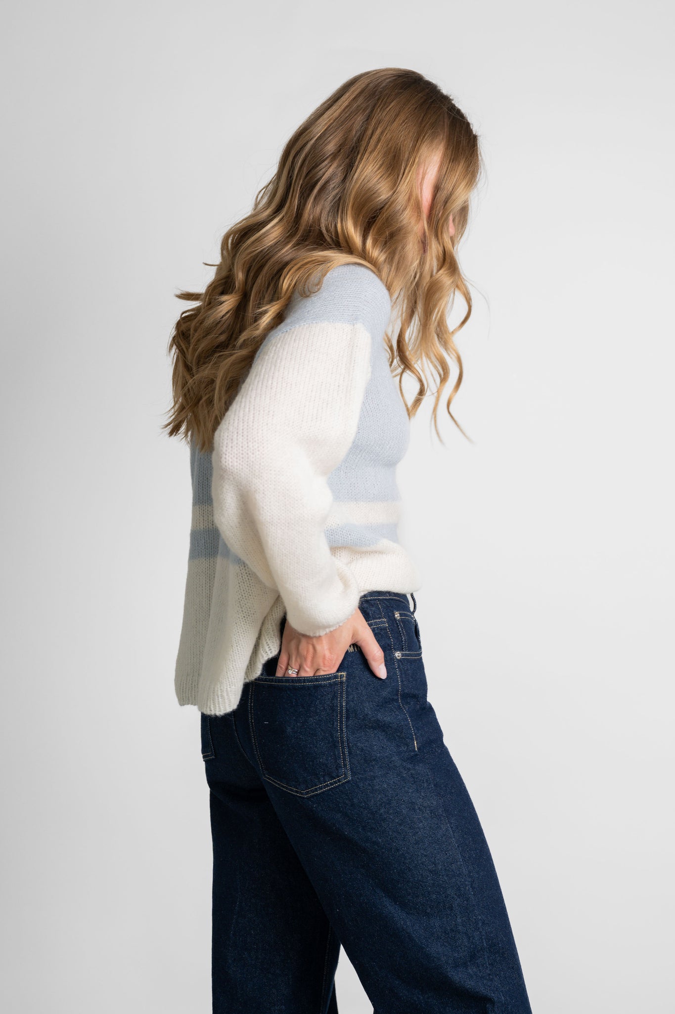 Strickpullover mit Blockstreifen creme-hellblau