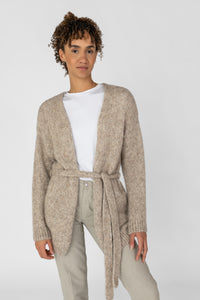 beige weite Strickjacke für Frauen mit Gürtel