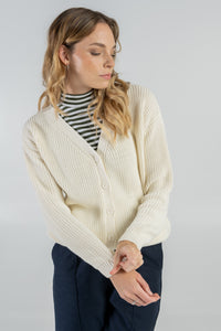 Striped top with stand-up collar 